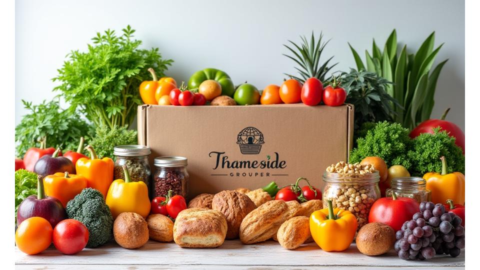 Variety of fresh produce and grocery delivery box with Thameside Grocer branding.